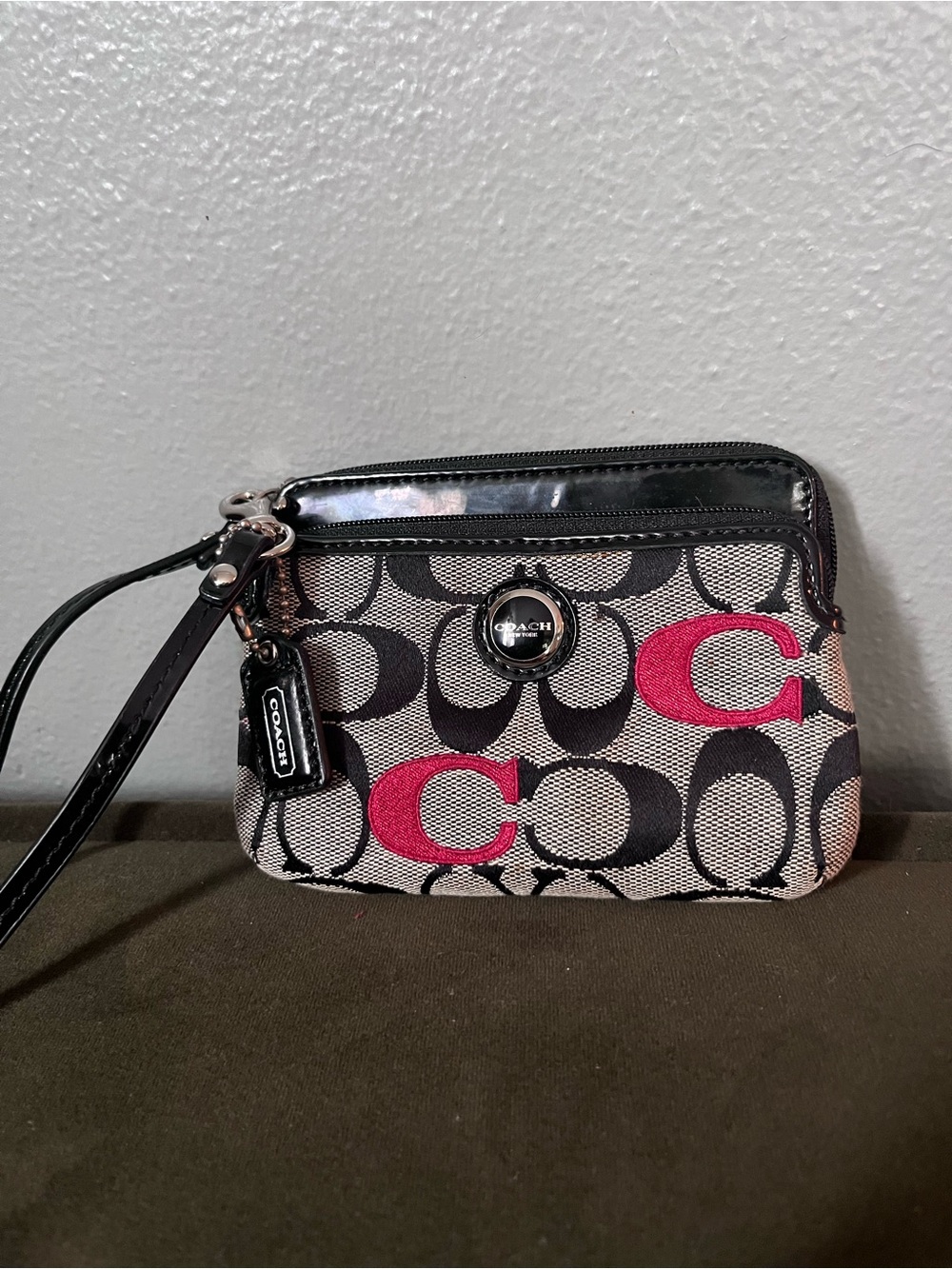 Coach Signature C Wristlet in Black & Pink Accent